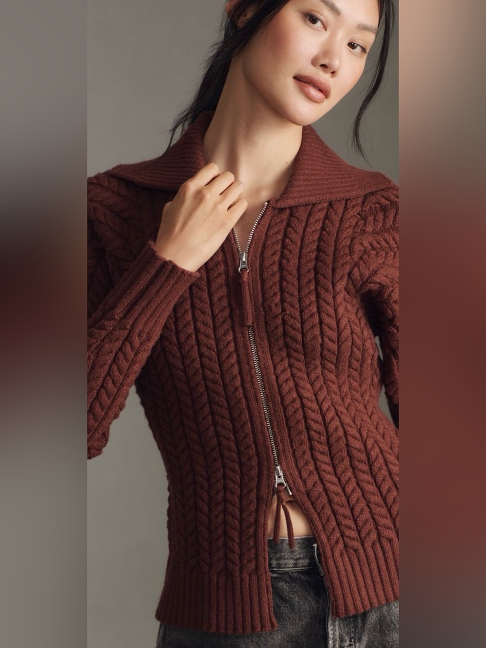 Maeve Hourglass Two way Cable-Knit Zip Cardigan Sweater - Brown